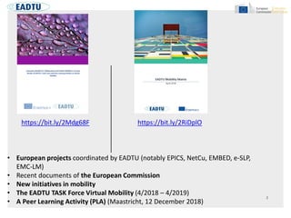 • European projects coordinated by EADTU (notably EPICS, NetCu, EMBED, e-SLP,
EMC-LM)
• Recent documents of the European Commission
• New initiatives in mobility
• The EADTU TASK Force Virtual Mobility (4/2018 – 4/2019)
• A Peer Learning Activity (PLA) (Maastricht, 12 December 2018)
https://bit.ly/2Mdg68F https://bit.ly/2RiDplO
 