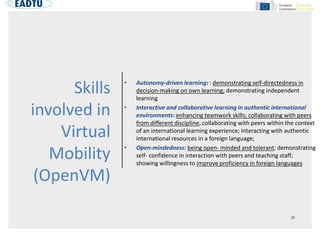 Skills
involved in
Virtual
Mobility
(OpenVM)
• Autonomy-driven learning: : demonstrating self-directedness in
decision-making on own learning; demonstrating independent
learning
• Interactive and collaborative learning in authentic international
environments: enhancing teamwork skills; collaborating with peers
from different discipline; collaborating with peers within the context
of an international learning experience; Interacting with authentic
international resources in a foreign language;
• Open-mindedness: being open- minded and tolerant; demonstrating
self- confidence in interaction with peers and teaching staff;
showing willingness to improve proficiency in foreign languages
 