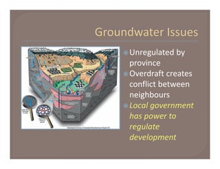 Unregulated by 
  province
 Overdraft creates 
  conflict between 
  neighbours
 Local government 
  has power to 
  regulate 
  development
 