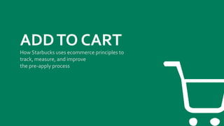 ADD	TO	CART	
How	Starbucks	uses	ecommerce	principles	to		
track,	measure,	and	improve		
the	pre-apply	process		
 