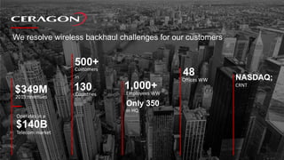 We resolve wireless backhaul challenges for our customers
2015 revenues
$349M
Offices WW
48Customers
in
500+
Countries
130...