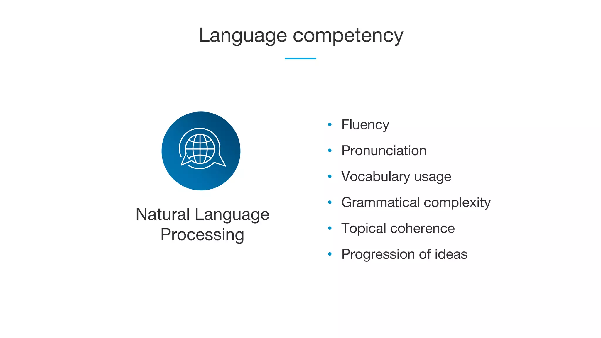 Language competency
Natural Language
Processing
• Fluency
• Pronunciation
• Vocabulary usage
• Grammatical complexity
• Topical coherence
• Progression of ideas
 