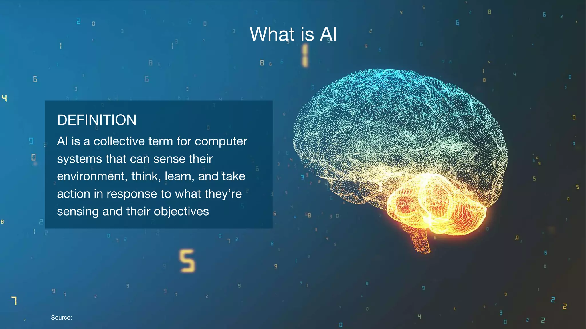 DEFINITION
AI is a collective term for computer
systems that can sense their
environment, think, learn, and take
action in response to what they’re
sensing and their objectives
What is AI
Source:
 