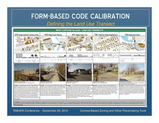 FORM-BASED CODE CALIBRATION
                       Defining the Land Use Transect




SNEAPA Conference – September 20, 2012   Context-Based Zoning and Other Placemaking Tools
 