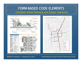 FORM-BASED CODE ELEMENTS
           Complete Street Network and Design Hierarchy




SNEAPA Conference – September 20, 2012   Context-Based Zoning and Other Placemaking Tools
 