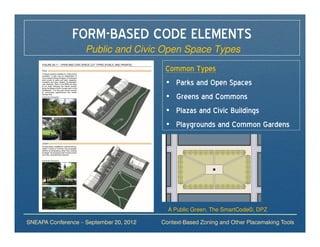 FORM-BASED CODE ELEMENTS
                    Public and Civic Open Space Types
                                          Common Types
                                          • Parks and Open Spaces
                                          • Greens and Commons
                                          • Plazas and Civic Buildings
                                          • Playgrounds and Common Gardens
                                          • Community Gardens




                                           A Public Green, The SmartCode©, DPZ

SNEAPA Conference – September 20, 2012   Context-Based Zoning and Other Placemaking Tools
 