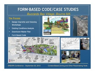 FORM-BASED CODE/CASE STUDIES
                      Buzzards Bay Village, Bourne MA
The Process
• Design Charrette and Visioning
  Workshops
• Existing Conditions Analysis
• Downtown Master Plan
• Form-Based Code
• Design Guidelines




SNEAPA Conference – September 20, 2012   Context-Based Zoning and Other Placemaking Tools
 