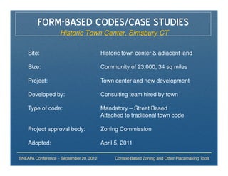 FORM-BASED CODES/CASE STUDIES
                   Historic Town Center, Simsbury CT

    Site:                                Historic town center & adjacent land

    Size:                                Community of 23,000, 34 sq miles

    Project:                             Town center and new development

    Developed by:                        Consulting team hired by town

    Type of code:                        Mandatory – Street Based
                                         Attached to traditional town code

    Project approval body:               Zoning Commission

    Adopted:                             April 5, 2011

SNEAPA Conference – September 20, 2012        Context-Based Zoning and Other Placemaking Tools
 