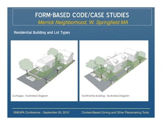 FORM-BASED CODE/CASE STUDIES
                Merrick Neighborhood, W. Springfield MA
Residential Building and Lot Types




SNEAPA Conference – September 20, 2012   Context-Based Zoning and Other Placemaking Tools
 