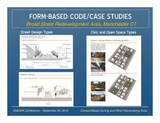 FORM-BASED CODE/CASE STUDIES
        Broad Street Redevelopment Area, Manchester CT
     Street Design Types                        Civic and Open Space Types




SNEAPA Conference – September 20, 2012   Context-Based Zoning and Other Placemaking Tools
 