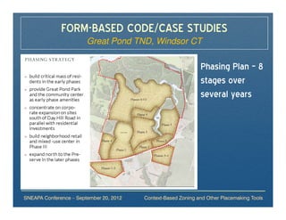 FORM-BASED CODE/CASE STUDIES
                        Great Pond TND, Windsor CT

                                                               Phasing Plan – 8
                                                               stages over
                                                               several years




SNEAPA Conference – September 20, 2012   Context-Based Zoning and Other Placemaking Tools
 