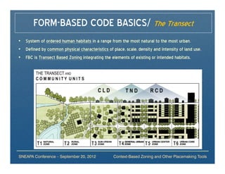 FORM-BASED CODE BASICS/ The Transect
• System of ordered human habitats in a range from the most natural to the most urban.
• Defined by common physical characteristics of place, scale, density and intensity of land use.
• FBC is Transect Based Zoning integrating the elements of existing or intended habitats.




                 From the SmartCode©
                 Duany Plater-Zyberk

SNEAPA Conference – September 20, 2012            Context-Based Zoning and Other Placemaking Tools
 