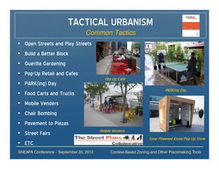 TACTICAL URBANISM
                                  Common Tactics
•   Open Streets and Play Streets
•   Build a Better Block
•   Guerilla Gardening
•   Pop-Up Retail and Cafes
                                           Pop Up Cafe
•   PARK(ing) Day
                                                                            PARKing Day
•   Food Carts and Trucks
•   Mobile Venders
•   Chair Bombing
•   Pavement to Plazas
                                         Mobile Vendors
•   Street Fairs
                                                                   Solar Powered Kiosk/Pop Up Store
•   ETC
SNEAPA Conference – September 20, 2012         Context-Based Zoning and Other Placemaking Tools
 