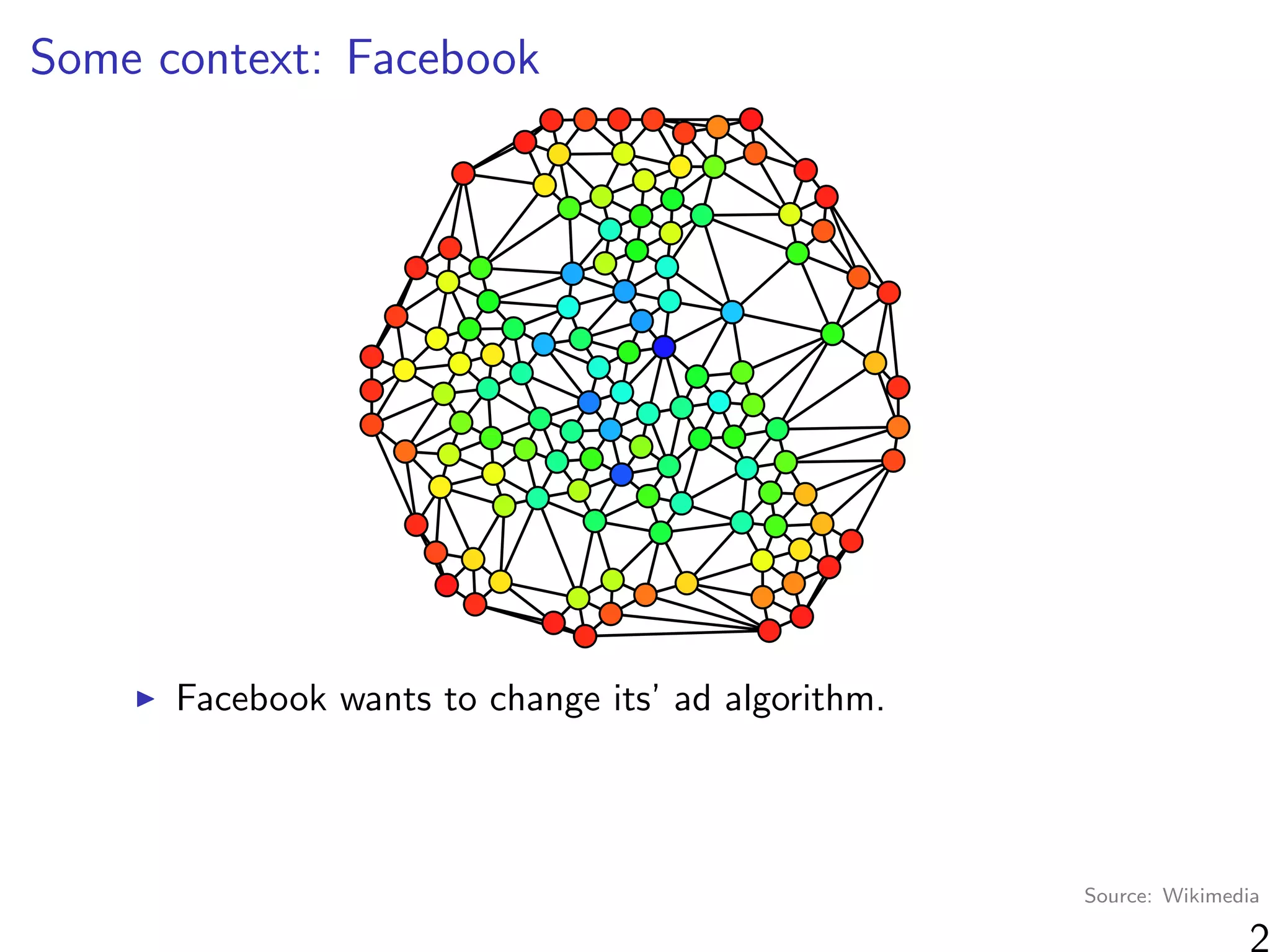 Some context: Facebook
Facebook wants to change its’ ad algorithm.
2
Source: Wikimedia
 