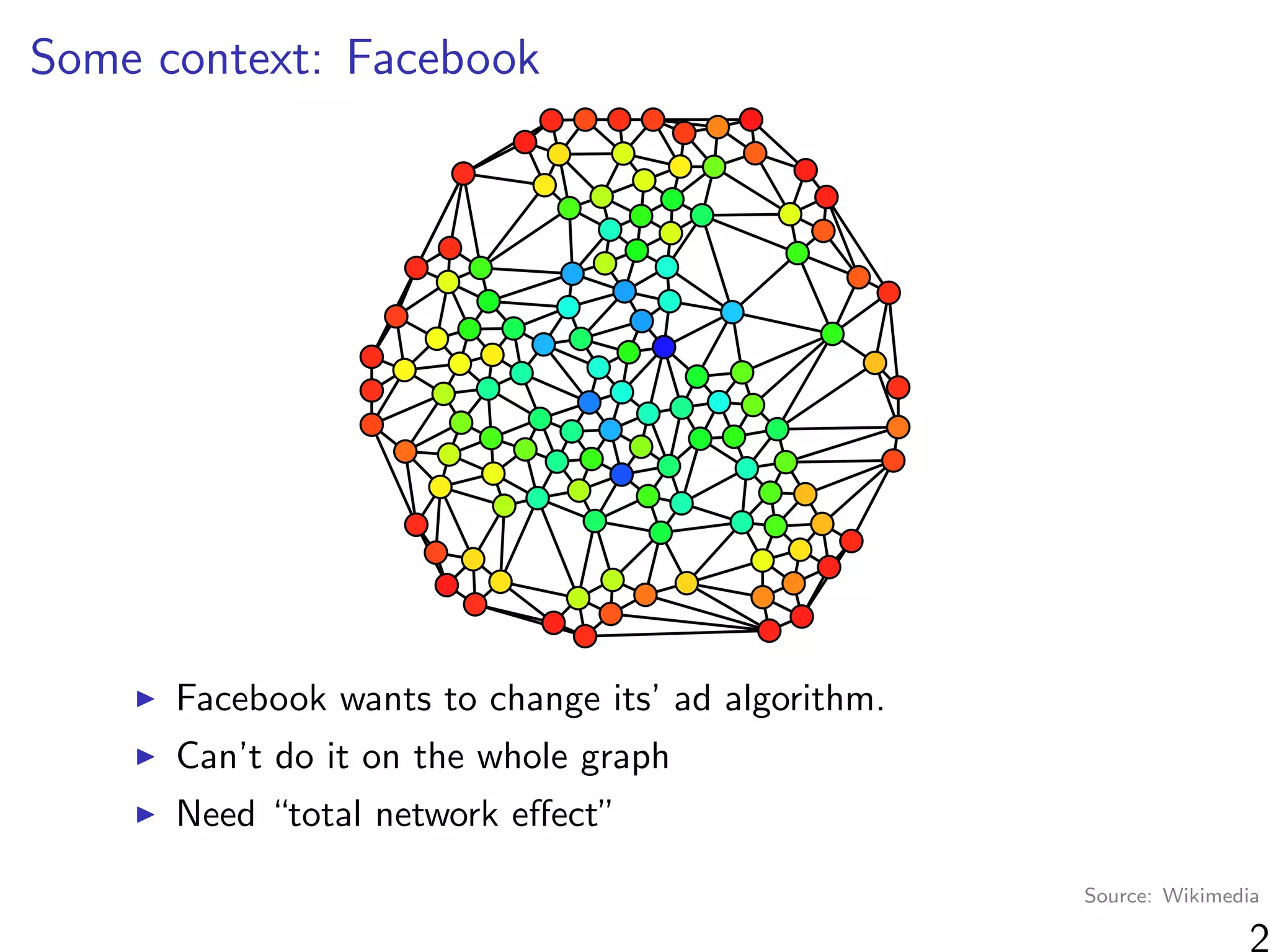 Some context: Facebook
Facebook wants to change its’ ad algorithm.
Can’t do it on the whole graph
Need “total network eﬀect”
2
Source: Wikimedia
 