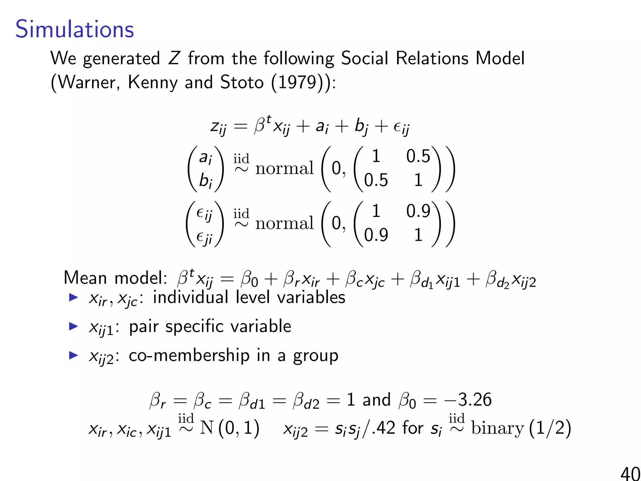 Simulations
We generated Z from the following Social Relations Model
(Warner, Kenny and Stoto (1979)):
zij = βt
xij + ai + bj + ij
ai
bi
iid
∼ normal 0,
1 0.5
0.5 1
ij
ji
iid
∼ normal 0,
1 0.9
0.9 1
Mean model: βtxij = β0 + βr xir + βcxjc + βd1 xij1 + βd2 xij2
xir , xjc: individual level variables
xij1: pair speciﬁc variable
xij2: co-membership in a group
βr = βc = βd1 = βd2 = 1 and β0 = −3.26
xir , xic, xij1
iid
∼ N (0, 1) xij2 = si sj /.42 for si
iid
∼ binary (1/2)
40
 