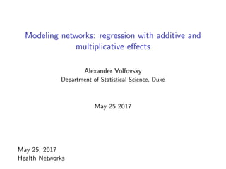 Modeling networks: regression with additive and
multiplicative eﬀects
Alexander Volfovsky
Department of Statistical Science, Duke
May 25 2017
May 25, 2017
Health Networks
 