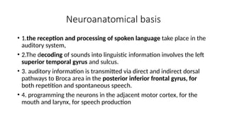 Neuroanatomical basis
• 1.the reception and processing of spoken language take place in the
auditory system,
• 2.The decoding of sounds into linguistic information involves the left
superior temporal gyrus and sulcus.
• 3. auditory information is transmitted via direct and indirect dorsal
pathways to Broca area in the posterior inferior frontal gyrus, for
both repetition and spontaneous speech.
• 4. programming the neurons in the adjacent motor cortex, for the
mouth and larynx, for speech production
 