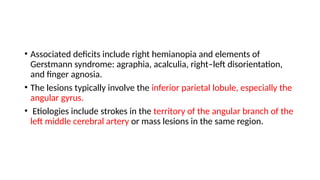 • Associated deficits include right hemianopia and elements of
Gerstmann syndrome: agraphia, acalculia, right–left disorientation,
and finger agnosia.
• The lesions typically involve the inferior parietal lobule, especially the
angular gyrus.
• Etiologies include strokes in the territory of the angular branch of the
left middle cerebral artery or mass lesions in the same region.
 