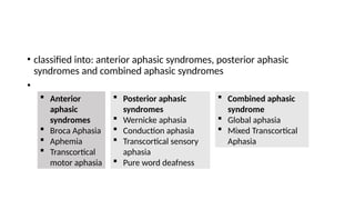 • classified into: anterior aphasic syndromes, posterior aphasic
syndromes and combined aphasic syndromes
•
 Anterior
aphasic
syndromes
 Broca Aphasia
 Aphemia
 Transcortical
motor aphasia
 Posterior aphasic
syndromes
 Wernicke aphasia
 Conduction aphasia
 Transcortical sensory
aphasia
 Pure word deafness
 Combined aphasic
syndrome
 Global aphasia
 Mixed Transcortical
Aphasia
 