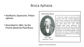 Broca Aphasia
• Nonfluent, Expressive, Motor
aphasia
• Described In 1861, by the
French physician Paul Broca
 