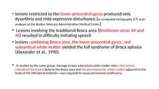 • lesions restricted to the lower precentral gyrus produced only
dysarthria and mild expressive disturbance.(In computed tomography (CT) scan
analyses at the Boston Veterans Administration Medical Center)
• Lesions involving the traditional Broca area (Brodmann areas 44 and
45) resulted in difficulty initiating speech
• lesions combining Broca area, the lower precentral gyrus, and
subcortical white matter yielded the full syndrome of Broca aphasia
(Alexander et al., 1990).
• In studies by the same group, damage to two subcortical white matter sites—the rostral
subcallosal fasciculus deep to the Broca area and the periventricular white matter adjacent to the
body of the left lateral ventricle—was required to cause permanent nonfluency.
 