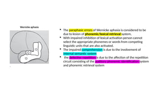  The paraphasic errors of Wernicke aphasia is considered to be
due to lesion of phonemic/lexical retrieval system,
 With impaired inhibition of lexical activation person cannot
select the appropriate phonemes or words from competing
linguistic units that are also activated.
 The impaired comprehension is due to the involvement of
internal semantic system
 the defective repetition is due to the affection of the repetition
circuit consisting of the auditory phonemic identification system
and phonemic retrieval system
.
 