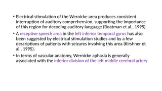 • Electrical stimulation of the Wernicke area produces consistent
interruption of auditory comprehension, supporting the importance
of this region for decoding auditory language (Boatman et al., 1995).
• A receptive speech area in the left inferior temporal gyrus has also
been suggested by electrical stimulation studies and by a few
descriptions of patients with seizures involving this area (Kirshner et
al., 1995).
• In terms of vascular anatomy, Wernicke aphasia is generally
associated with the inferior division of the left middle cerebral artery
 