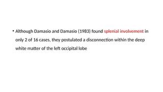 • Although Damasio and Damasio (1983) found splenial involvement in
only 2 of 16 cases, they postulated a disconnection within the deep
white matter of the left occipital lobe
 