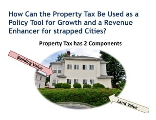 How Can the Property Tax Be Used as a
Policy Tool for Growth and a Revenue
Enhancer for strapped Cities?
        Property Tax has 2 Components
 