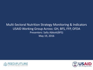 Multi-Sectoral Nutrition Strategy Monitoring & Indicators
USAID Working Group Across: GH, BFS, FFP, OFDA
Presenters: Sally Abbott(BFS)
May 19, 2016
1
 