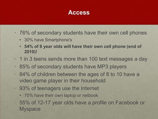 Access76% of secondary students have their own cell phones30% have Smartphone's54% of 8 year olds will have their own cell phone (end of 2010)!  1 in 3 teens sends more than 100 text messages a day85% of secondary students have MP3 players84% of children between the ages of 8 to 10 have a video game player in their household93% of teenagers use the Internet70% have their own laptop or netbook55% of 12-17 year olds have a profile on Facebook or Myspace