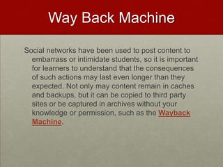 More Examples of TWITTER in EducationTwitter Stories by Elementary Studentshttp://twitter.com/manyvoicesHigh School English Teacher’s Office Hourshttp://twitter.com/MrWilsonBDHSSocial Studies:  Follow members of Congresshttps://valtsvirtual.wikispaces.com/American+GovernmentEnglish Twitter Assignment: http://classblogmeister.com/blog.php?blogger_id=22572Gater Radio on Twitter: http://gatorradio.blogspot.com/