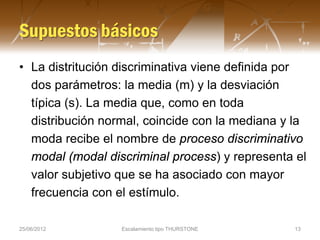 Supuestos básicos
• La distritución discriminativa viene definida por
  dos parámetros: la media (m) y la desviación
  típ...