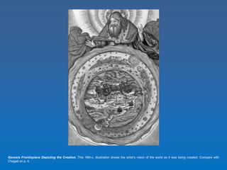 Genesis Frontispiece Depicting the Creation. This 16th-c. illustration shows the artist’s vision of the world as it was being created. Compare with 
Chagall on p. 4. 
 