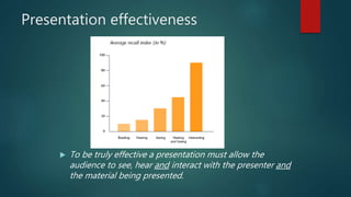 Presentation effectiveness
 To be truly effective a presentation must allow the
audience to see, hear and interact with the presenter and
the material being presented.
 