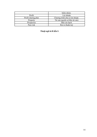 hiểm nhóm
Profit Lợi nhuận
Profit sharing plan Chương trình chia sẻ lợi nhuận
Property Tài sản (quyền sở hữu tài sản)
Prospectus Bản cáo bạch
Pure risk Rủi ro thuần tuý
Thuật ngữ từ R đến S
11
 