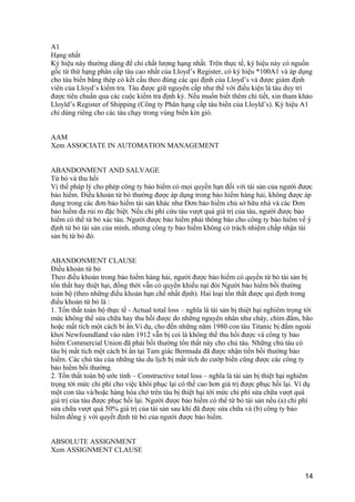 A1
Hạng nhất
Ký hiệu này thường dùng để chỉ chất lượng hạng nhất. Trên thực tế, ký hiệu này có nguồn
gốc từ thứ hạng phân cấp tàu cao nhất của Lloyd’s Register, có ký hiệu *100A1 và áp dụng
cho tàu biển bằng thép có kết cấu theo đúng các qui định của Lloyd’s và được giám định
viên của Lloyd’s kiểm tra. Tàu được giữ nguyên cấp như thế với điều kiện là tàu duy trì
được tiêu chuẩn qua các cuộc kiểm tra định kỳ. Nếu muốn biết thêm chi tiết, xin tham khảo
Lloyld’s Register of Shipping (Công ty Phân hạng cấp tàu biển của Lloyld’s). Ký hiệu A1
chỉ dùng riêng cho các tàu chạy trong vùng biển kín gió.
AAM
Xem ASSOCIATE IN AUTOMATION MANAGEMENT
ABANDONMENT AND SALVAGE
Từ bỏ và thu hồi
Vị thế pháp lý cho phép công ty bảo hiểm có mọi quyền hạn đối với tài sản của người được
bảo hiểm. Điều khoản từ bỏ thường được áp dụng trong bảo hiểm hàng hải, không được áp
dụng trong các đơn bảo hiểm tài sản khác như Đơn bảo hiểm chủ sở hữu nhà và các Đơn
bảo hiểm đa rủi ro đặc biệt. Nếu chi phí cứu tàu vượt quá giá trị của tàu, người được bảo
hiểm có thể từ bỏ xác tàu. Người được bảo hiểm phải thông báo cho công ty bảo hiểm về ý
định từ bỏ tài sản của mình, nhưng công ty bảo hiểm không có trách nhiệm chấp nhận tài
sản bị từ bỏ đó.
ABANDONMENT CLAUSE
Điều khoản từ bỏ
Theo điều khoản trong bảo hiểm hàng hải, người được bảo hiểm có quyền từ bỏ tài sản bị
tổn thất hay thiệt hại, đồng thời vẫn có quyền khiếu nại đòi Người bảo hiểm bồi thường
toàn bộ (theo những điều khoản hạn chế nhất định). Hai loại tổn thất được qui định trong
điều khoản từ bỏ là :
1. Tổn thất toàn bộ thực tế - Actual total loss – nghĩa là tài sản bị thiệt hại nghiêm trọng tới
mức không thể sửa chữa hay thu hồi được do những nguyên nhân như cháy, chìm đắm, bão
hoặc mất tích một cách bí ẩn.Ví dụ, cho đến những năm 1980 con tàu Titanic bị đắm ngoài
khơi Newfoundland vào năm 1912 vẫn bị coi là không thể thu hồi được và công ty bảo
hiểm Commercial Union đã phải bồi thường tổn thất này cho chủ tàu. Những chủ tàu có
tàu bị mất tích một cách bí ẩn tại Tam giác Bermuda đã được nhận tiền bồi thường bảo
hiểm. Các chủ tàu của những tàu du lịch bị mất tích do cướp biển cũng được các công ty
bảo hiểm bồi thường.
2. Tổn thất toàn bộ ước tính – Constructive total loss – nghĩa là tài sản bị thiệt hại nghiêm
trọng tới mức chi phí cho việc khôi phục lại có thể cao hơn giá trị được phục hồi lại. Ví dụ
một con tàu và/hoặc hàng hóa chở trên tàu bị thiệt hại tới mức chi phí sửa chữa vượt quá
giá trị của tàu được phục hồi lại. Người được bảo hiểm có thể từ bỏ tài sản nếu (a) chi phí
sửa chữa vượt quá 50% giá trị của tài sản sau khi đã được sửa chữa và (b) công ty bảo
hiểm đồng ý với quyết định từ bỏ của người được bảo hiểm.
ABSOLUTE ASSIGNMENT
Xem ASSIGNMENT CLAUSE
14
 