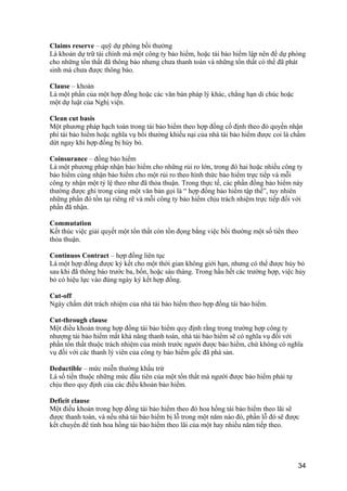 Claims reserve – quỹ dự phòng bồi thường
Là khoản dự trữ tài chính mà một công ty bảo hiểm, hoặc tái bảo hiểm lập nên để dự phòng
cho những tổn thất đã thông báo nhưng chưa thanh toán và những tổn thất có thể đã phát
sinh mà chưa được thông báo.
Clause – khoản
Là một phần của một hợp đồng hoặc các văn bản pháp lý khác, chẳng hạn di chúc hoặc
một dự luật của Nghị viện.
Clean cut basis
Một phương pháp hạch toán trong tái bảo hiểm theo hợp đồng cố định theo đó quyền nhận
phí tái bảo hiểm hoặc nghĩa vụ bồi thường khiếu nại của nhà tái bảo hiểm được coi là chấm
dứt ngay khi hợp đồng bị hủy bỏ.
Coinsurance – đồng bảo hiểm
Là một phương pháp nhận bảo hiểm cho những rủi ro lớn, trong đó hai hoặc nhiều công ty
bảo hiểm cùng nhận bảo hiểm cho một rủi ro theo hình thức bảo hiểm trực tiếp và mỗi
công ty nhận một tỷ lệ theo như đã thỏa thuận. Trong thực tế, các phần đồng bảo hiểm này
thường được ghi trong cùng một văn bản gọi là “ hợp đồng bảo hiểm tập thể”, tuy nhiên
những phần đó tồn tại riêng rẽ và mỗi công ty bảo hiểm chịu trách nhiệm trực tiếp đối với
phần đã nhận.
Commutation
Kết thúc việc giải quyết một tổn thất còn tồn đọng bằng việc bồi thường một số tiền theo
thỏa thuận.
Continuos Contract – hợp đồng liên tục
Là một hợp đồng được ký kết cho một thời gian không giới hạn, nhưng có thể được hủy bỏ
sau khi đã thông báo trước ba, bốn, hoặc sáu tháng. Trong hầu hết các trường hợp, việc hủy
bỏ có hiệu lực vào đúng ngày ký kết hợp đồng.
Cut-off
Ngày chấm dứt trách nhiệm của nhà tái bảo hiểm theo hợp đồng tái bảo hiểm.
Cut-through clause
Một điều khoản trong hợp đồng tái bảo hiểm quy định rằng trong trường hợp công ty
nhượng tái bảo hiểm mất khả năng thanh toán, nhà tái bảo hiểm sẽ có nghĩa vụ đối với
phần tổn thất thuộc trách nhiệm của mình trước người được bảo hiểm, chứ không có nghĩa
vụ đối với các thanh lý viên của công ty bảo hiểm gốc đã phá sản.
Deductible – mức miễn thường khấu trừ
Là số tiền thuộc những mức đầu tiên của một tổn thất mà người được bảo hiểm phải tự
chịu theo quy định của các điều khoản bảo hiểm.
Deficit clause
Một điều khoản trong hợp đồng tái bảo hiểm theo đó hoa hồng tái bảo hiểm theo lãi sẽ
được thanh toán, và nếu nhà tái bảo hiểm bị lỗ trong một năm nào đó, phần lỗ đó sẽ được
kết chuyển để tính hoa hồng tái bảo hiểm theo lãi của một hay nhiều năm tiếp theo.
34
 
