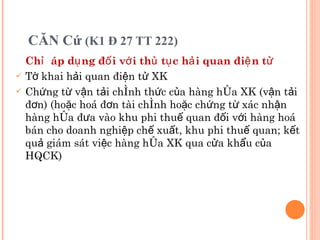 CĂN Cứ  (K1 Đ 27 TT 222) Chỉ  áp dụng đối với  thủ tục hải quan điện tử Tờ khai hải quan điện tử XK Chứng từ vận tải chính thức của hàng hóa XK (vận tải đơn) (hoặc hoá đơn tài chính hoặc chứng từ xác nhận hàng hóa đưa vào khu phi thuế quan đối với hàng hoá bán cho doanh nghiệp chế xuất, khu phi thuế quan; kết quả giám sát việc hàng hóa XK qua cửa khẩu của HQCK) 
