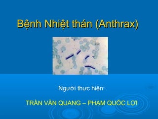 Bệnh Nhiệt thán (Anthrax)

Người thực hiện:
TRẦN VĂN QUANG – PHẠM QUỐC LỢI

 