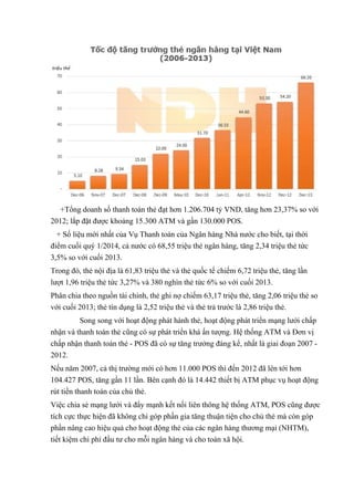 +Tổng doanh số thanh toán thẻ đạt hơn 1.206.704 tỷ VND, tăng hơn 23,37% so với 
2012; lắp đặt được khoảng 15.300 ATM và gần 130.000 POS. 
+ Số liệu mới nhất của Vụ Thanh toán của Ngân hàng Nhà nước cho biết, tại thời 
điểm cuối quý 1/2014, cả nước có 68,55 triệu thẻ ngân hàng, tăng 2,34 triệu thẻ tức 
3,5% so với cuối 2013. 
Trong đó, thẻ nội địa là 61,83 triệu thẻ và thẻ quốc tế chiếm 6,72 triệu thẻ, tăng lần 
lượt 1,96 triệu thẻ tức 3,27% và 380 nghìn thẻ tức 6% so với cuối 2013. 
Phân chia theo nguồn tài chính, thẻ ghi nợ chiếm 63,17 triệu thẻ, tăng 2,06 triệu thẻ so 
với cuối 2013; thẻ tín dụng là 2,52 triệu thẻ và thẻ trả trước là 2,86 triệu thẻ. 
Song song với hoạt động phát hành thẻ, hoạt động phát triển mạng lưới chấp 
nhận và thanh toán thẻ cũng có sự phát triển khá ấn tượng. Hệ thống ATM và Đơn vị 
chấp nhận thanh toán thẻ - POS đã có sự tăng trưởng đáng kể, nhất là giai đoạn 2007 - 
2012. 
Nếu năm 2007, cả thị trường mới có hơn 11.000 POS thì đến 2012 đã lên tới hơn 
104.427 POS, tăng gần 11 lần. Bên cạnh đó là 14.442 thiết bị ATM phục vụ hoạt động 
rút tiền thanh toán của chủ thẻ. 
Việc chia sẻ mạng lưới và đẩy mạnh kết nối liên thông hệ thống ATM, POS cũng được 
tích cực thực hiện đã không chỉ góp phần gia tăng thuận tiện cho chủ thẻ mà còn góp 
phần nâng cao hiệu quả cho hoạt động thẻ của các ngân hàng thương mại (NHTM), 
tiết kiệm chi phí đầu tư cho mỗi ngân hàng và cho toàn xã hội. 
 