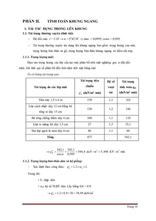 Trang 10
PHẦN II. TÍNH TOÁN KHUNG NGANG
1. TẢI TÁC DỤNG TRONG LÊN KHUNG
1.1. Tải trọng thường xuyên (tĩnh tải):
- Độ dốc mái i = 1/10   = 0 ' "
5 4238  sin = 0,0995, cos = 0,995.
- Tải trọng thường xuyên tác dụng lên khung ngang bao gồm: trọng lượng của mái,
trọng lượng bản thân xà gồ, trọng lượng bản thân khung ngang và dầm cầu trục.
1.1.1. Trọng lượng mái:
Dựa vào trọng lượng các lớp cấu tạo mái phân bố trên mặt nghiêng goc  (độ dốc
mái), khi tính qui về phân bố đều trên diện tích mặt bằng mái
Ta có bảng tải trọng sau:
Tải trọng do các lớp mái
Tải trọng tiêu
chuẩn
c
mg (daN/m2 mái)
Hệ số
vượt
tải
Tải trọng
tính toán gm
(daN/m2 mái)
Tấm mái 1,5 x 6 m 150 1,1 165
Lớp cách nhiệt dày 12 cm bằng bê
tông xỉ dày 15 cm
120 1,2 144
Bê tông chống thấm dày 4 cm 100 1,1 110
Lớp xi măng lót dày 1,5 cm 27 1,3 35,1
Hai lớp gạch lá nem dày 4 cm 80 1,1 88
Tổng 477 542,1
 2 2542,1 542,1
544,8 / 5,448 /
cos 0,995
tt
mg daN m KN m

    mái
1.1.2. Trọng lượng bản thân dàn và hệ giằng:
- Xác định theo công thức: 1,2c
d dg L  
Trong đó:
+ L: nhịp dàn
+ d: hệ số TLBT dàn. Lấy bằng 0,6 ÷ 0.9.
 1,2 0,9 36 38,88c
dg     daN/m2
 