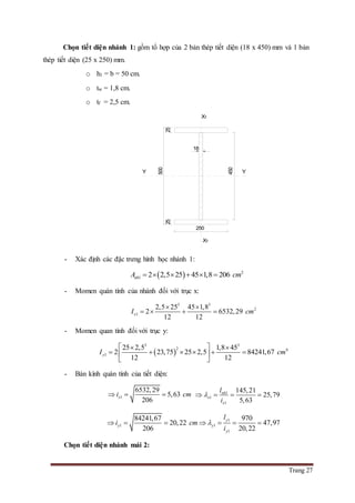 Trang 27
Chọn tiết diện nhánh 1: gồm tổ hợp của 2 bản thép tiết diện (18 x 450) mm và 1 bản
thép tiết diện (25 x 250) mm.
o h1 = b = 50 cm.
o tw = 1,8 cm.
o tf = 2,5 cm.
- Xác định các đặc trưng hình học nhánh 1:
  2
1 2 2,5 25 45 1,8 206nhA cm     
- Momen quán tính của nhánh đối với trục x:
3 3
2
1
2,5 25 45 1,8
2 6532,29
12 12
xI cm
 
   
- Momen quan tính đối với trục y:
 
3 3
2 4
1
25 2,5 1,8 45
2 23,75 25 2,5 84241,67
12 12
yI cm
  
      
 
- Bán kính quán tính của tiết diện:
1
6532,29
5,63
206
xi cm   1
1
1
145,21
25,79
5,63
nh
x
x
l
i
   
1
1 1
1
84241,67 970
20,22 47,97
206 20,22
y
y y
y
l
i cm
i
      
Chọn tiết diện nhánh mái 2:
250
25
18
450
500
25
X1
X1
YY
 