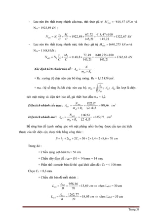 Trang 39
- Lực nén lớn nhất trong nhánh cầu trục, tính theo giá trị max 618,47 .M kN m
  và
Ntu= 1922,89 kN :
2 1
1 1
67,72 618,47 100
1922,89 1322,67
145,21 145,21
nh
y M
N N kN
C C

     
- Lực nén lớn nhất trong nhánh mái, tính theo giá trị max 1640,275 .M kN m
 và
Ntu = 1148,8 kN :
1 2
2 2
77,49 1640,275 100
1148,8 1742,63
145,21 145,21
nh
y M
N N kN
C C

     
Xác định kích thước bản đế : bd
cb b
N
A
m R


+ Rb : cường độ chịu nén của bê tông móng. Rb = 1,15 kN/cm2.
+ mcb : hệ số tăng Rb khi chịu nén cục bộ. 3 ; ;m
cb m bd
bf
A
m A A
A
 lần lượt là diện
tích mặt móng và diện tích bản đế, giả thiết ban đầu mcb = 1,2.
Diện tích nhánh cầu trục : 21
1
1322,67
958,46
1,2 1,15
nh
bd
cb b
N
A cm
m R
  
 
Diện tích nhánh mái : 22
2
1742,63
1262,77
1,2 1,15
nh
bd
cb b
N
A cm
m R
  
 
Bề rộng bản đế (cạnh vuông góc với mặt phẳng uốn) thường được cấu tạo các kích
thước của tiết diện cột, được tính bằng công thức :
dd 12 2 50 2 1,4 2 8,6 70fB b t C cm        
Trong đó :
+ Chiều rộng cột dưới bf = 50 cm.
+ Chiều dày dầm đế : tdđ = (10 ÷ 14) mm = 14 mm.
+ Phần nhô console bản đế thò quá khỏi dầm đế : C1 = ≤ 100 mm
Chọn C1 = 8,6 mm.
+ Chiều dài bản đế mỗi nhánh :
1
1
958,46
13,69
70
bd
nh
A
L cm
B
    chọn Lnh1 = 30 cm
2
2
1262,77
18,03
70
bd
nh
A
L cm
B
    chọn Lnh2 = 55 cm
 