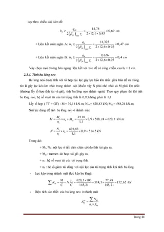 Trang 44
dọc theo chiều dài dầm đế:
 
dd
min
14,78
0,69
2 12,6 0,952
f
fw c
q
h cm
 
  
 
+ Liên kết sườn ngăn A:
 min
11,325
0,47
2 12,6 0,952
A
f
fw c
q
h cm
 
  
 
+ Liên kết sườn ngăn B:
 min
9,626
0,4
2 12,6 0,952
B
f
fw c
q
h cm
 
  
 
Vậy chọn mọi đường hàn ngang liên kết với bản đế có cùng chiều cao hf = 1 cm.
2.3.4. Tính bu lông neo
Bu lông neo được tính với tổ hợp nội lực gây lực kéo lớn nhất giữa bản đế và móng,
tức là gây lực kéo lớn nhất trong nhánh cột. Muốn vậy N phải nhỏ nhất và M phải lớn nhất
(thường lấy tổ hợp tĩnh tải và gió), tính bu lông neo nhánh ngoài. Theo quy phạm thì khi tính
bu lông neo, hệ số vượt tải của tải trọng tính là 0,9; không phải là 1,1.
Lấy tổ hợp ( TT + GT) : M = 39,18 kN.m; Ntu = 628,83 kN; Mg = 588,24 kN.m
Nội lực dùng để tính bu lông neo ở nhánh mái:
39,18
0,9 588,24 620,3
1,1
t
b g
t
M
M n M
n
       kN.m
628,83
0,9 514,5
1,1
t
b
t
N
N n
n
     kN
Trong đó:
+ Mt, Nt : nội lực ở tiết diện chân cột do tĩnh tải gây ra.
+ Mg : momen do hoạt tải gió gây ra.
+ nt : hệ số vượt tải của tải trọng tĩnh.
+ nb : hệ số giảm tải dùng vơi nội lực của tải trọng tĩnh khi tính bu lông.
- Lực kéo trong nhánh mái (lực kéo bu lông):
1 620,3 100 77,49
514,5 152,62
145,21 145,21
bl
yM
N N kN
C C

     
- Diện tích cần thiết của bu lông neo ở nhánh mái:
1
blyc
bn
ba
N
A
n f



 