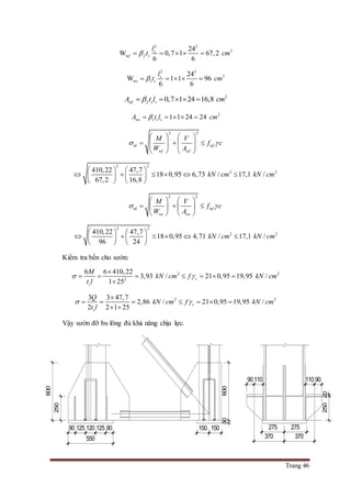 Trang 46
2 2
3
w
24
W 0,7 1 67,2
6 6
s
f f s
l
t cm    
2 2
3
w
24
W 1 1 96
6 6
s
s s s
l
t cm    
2
w 0,7 1 24 16,8f f s sA t l cm    
2
ws 1 1 24 24s s sA t l cm    
2 2
wtd f
wf wf
M V
f c
W A
 
   
        
   
2 2
2 2410,22 47,7
18 0,95 6,73 / 17,1 /
67,2 16,8
kN cm kN cm
   
        
   
2 2
wtd f
ws ws
M V
f c
W A
 
   
     
   
2 2
2 2410,22 47,7
18 0,95 4,71 / 17,1 /
96 24
kN cm kN cm
   
        
   
Kiểm tra bền cho sườn:
2 2
2
6 6 410,22
3,93 / 21 0,95 19,95 /
1 25
c
s
M
kN cm f kN cm
t l
 

      

2 23 3 47,7
2,86 / 21 0,95 19,95 /
2 2 1 25
c
s
Q
kN cm f kN cm
t l
 

      
 
Vậy sườn đỡ bu lông đủ khả năng chịu lực.
90
20250
110 90110
370370
275275150150
60030
550
9012512012590
600
250
 