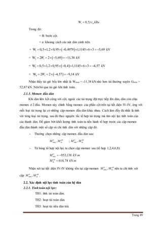 Trang 49
W 0,5i eic kBa
Trong đó:
+ B: bước cột.
+ a: khoảng cách các nút dàn cánh trên.
+  1W 0,5 1,2 0,95 0,4979 1,1145 6 3 5,69 kN         
+  2 1W 2 2 5,69 11,38W kN     
+  3W 0,5 1,2 0,95 0,4 1,1145 6 3 4,57 kN         
+  4 3W 2 2 4,57 9,14W kN     
Nhận thấy tải gió bốc lớn nhất là Wmax = -11,38 kN nhỏ hơn tải thường xuyên Gmin =
52,87 kN. Nên bỏ qua tải gió khi tính toán.
2.1.3. Momen đầu dàn
Khi dàn liên kết cứng với cột, ngoài các tải trọng đặt trực tiếp lên dàn, dàn còn chịu
momen ở 2 đầu. Momen này chính bằng momen của phần cột trên tại tiết diện IV-IV, ứng với
mỗi loại tải trọng lại có những cặp momen đầu dàn khác nhau. Cách làm đầy đủ nhất là tính
với từng loại tải trọng, sau đó theo nguyên tắc tổ hợp tải trọng mà tìm nội lực tính toán của
các thanh dàn. Để giảm bớt khối lượng tính toán ta tiến hành tổ hợp trước các cặp momen
đầu dàn thành một số cặp và chỉ tính dàn với những cặp đó.
- Thường chọn những cặp momen đầu dàn sau:
max ,tr ph
tuM M ; min ,tr ph
tuM M
- Từ bảng tổ hợp nội lực ta chọn cặp momen sau (tổ hợp 1,2,4,6,8):
min 953,138 .
614,74 .
tr
ph
tu
M kN m
M kN m
 

Nhận xét tại tiết diện IV-IV không tồn tại cặp momen max ,tr ph
tuM M nên ta chỉ tính với
cặp min ,tr ph
tuM M .
2.2. Xác định nội lực tính toán của hệ dàn
2.2.1. Tính toán nội lực:
TH1: tĩnh tải toàn dàn.
TH2: hoạt tải toàn dàn.
TH3: hoạt tải nữa dàn trái.
 