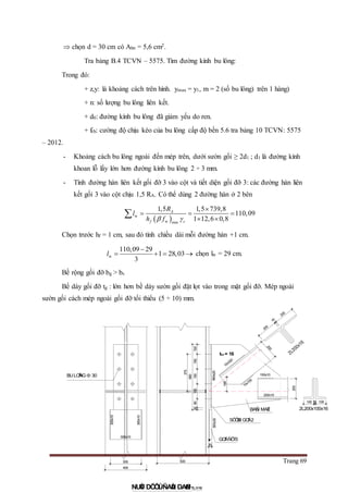 Trang 69
 chọn d = 30 cm có Abn = 5,6 cm2.
Tra bảng B.4 TCVN – 5575. Tìm đường kính bu lông:
Trong đó:
+ z,y: là khoảng cách trên hình. ymax = y1, m = 2 (số bu lông) trên 1 hàng)
+ n: số lượng bu lông liên kết.
+ d0: đường kính bu lông đã giảm yếu do ren.
+ ftb: cường độ chịu kéo của bu lông cấp độ bền 5.6 tra bảng 10 TCVN: 5575
– 2012.
- Khoảng cách bu lông ngoài đến mép trên, dưới sườn gối ≥ 2d1 ; d1 là đường kính
khoan lỗ lấy lớn hơn đường kính bu lông 2 ÷ 3 mm.
- Tính đường hàn liên kết gối đỡ 3 vào cột và tiết diện gối đỡ 3: các đường hàn liên
kết gối 3 vào cột chịu 1,5 RA. Có thể dùng 2 đường hàn ở 2 bên
 w
w min
1,5 1,5 739,8
110,09
1 12,6 0,8
A
f c
R
l
h f 

  
 

Chọn trước hf = 1 cm, sau đó tính chiều dài mỗi đường hàn +1 cm.
w
110,09 29
1 28,03
3
l

    chọn lw = 29 cm.
Bề rộng gối đỡ bg > bs
Bề dày gối đỡ tg : lớn hơn bề dày sườn gối đặt lọt vào trong mặt gối đỡ. Mép ngoài
sườn gối cách mép ngoài gối đỡ tối thiểu (5 ÷ 10) mm.
200
16
200
200
145
660x20
375
660
15015015010090
300x30
30
20
500
GOÁI ÑÔ?3
SÖÔØN GOÁI 2
BAÛN MAÉT
tbm = 16
NUÙT DÖÔÙI ÑAÀU DAØNTL:1/10
2L200x100x16
300x10
300x10
300x10
400
300
10016100
200
150x10
220x10
10x320
10x150
BULOÂNG 30
 