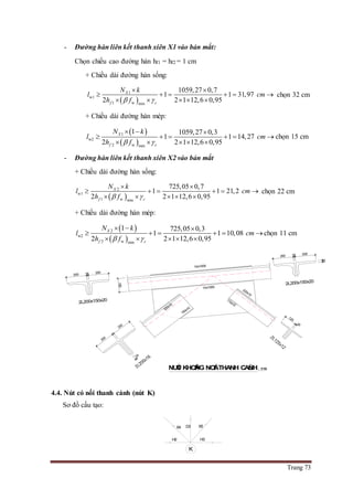 Trang 73
- Đường hàn liên kết thanh xiên X1 vào bản mắt:
Chọn chiều cao đường hàn hf1 = hf2 = 1 cm
+ Chiều dài đường hàn sống:
 
1
w1
1 w min
1059,27 0,7
1 1 31,97
2 2 1 12,6 0,95
X
f c
N k
l cm
h f 
 
     
    
chọn 32 cm
+ Chiều dài đường hàn mép:
 
 
1
w2
2 w min
1 1059,27 0,3
1 1 14,27
2 2 1 12,6 0,95
X
f c
N k
l cm
h f 
  
     
    
chọn 15 cm
- Đường hàn liên kết thanh xiên X2 vào bản mắt
+ Chiều dài đường hàn sống:
 
2
w1
1 w min
725,05 0,7
1 1 21,2
2 2 1 12,6 0,95
X
f c
N k
l cm
h f 
 
     
    
chọn 22 cm
+ Chiều dài đường hàn mép:
 
 
2
w2
2 w min
1 725,05 0,3
1 1 10,08
2 2 1 12,6 0,95
X
f c
N k
l cm
h f 
  
     
    
chọn 11 cm
4.4. Nút có nối thanh cánh (nút K)
Sơ đồ cấu tạo:
H2
X4 X5
H3
K
D3
2L200x150x20
200
16
200
16
125
150
20016200
200
20
16200
10x1000
10x1000
110x10
220x10
150x10320x10
2L200x150x20
NUÙT KHOÂNG NOÁI THANH CAÙNH: 1/10
 